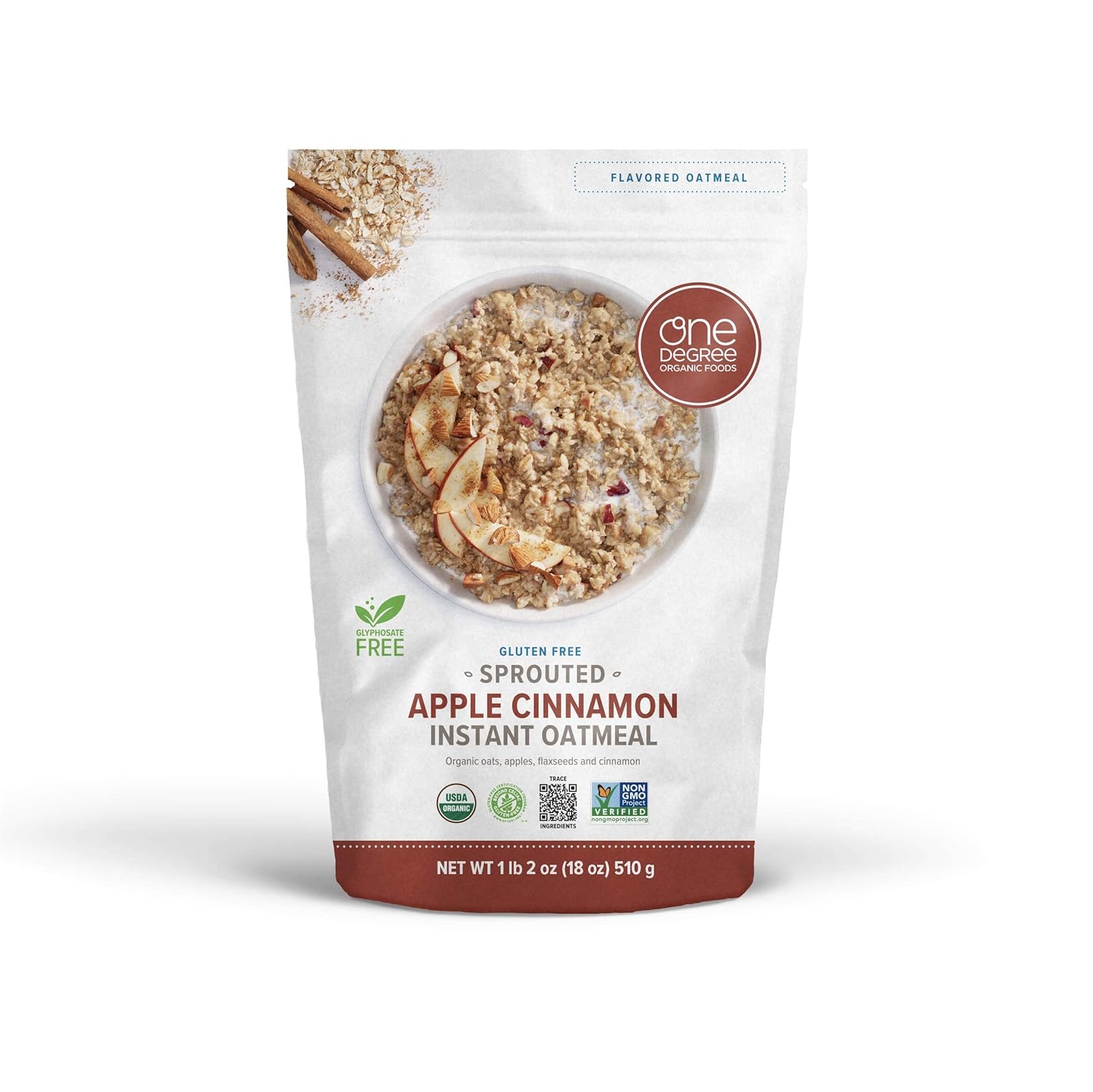 One Degree Organic Foods Sprouted Rolled Oats, Apple Cinnamon, 18 oz, 6-Pack