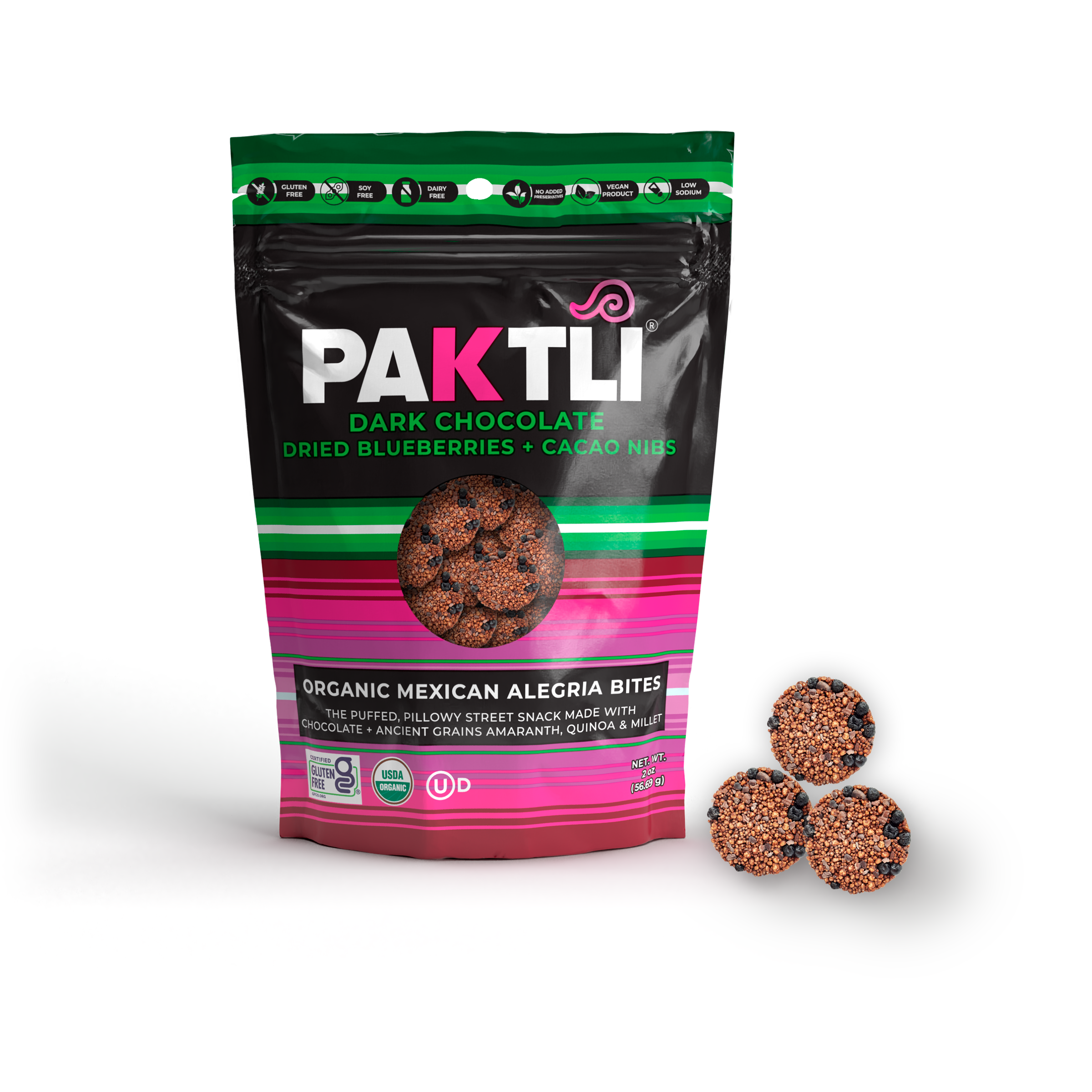 NEW Dark Chocolate Alegria Bites w/ Blueberries + Cacao Nibs