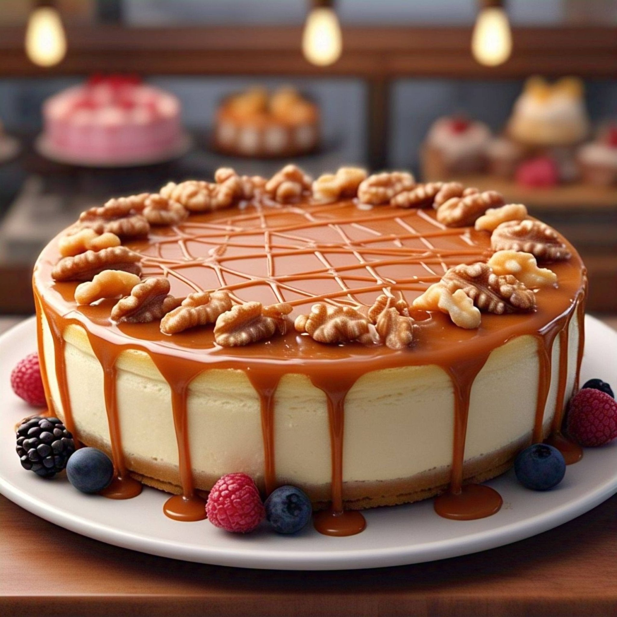 Andy Anand Sugar Free Caramel Walnut Cheesecake 9" - Topping With Real Walnuts, Luxurious Gourmet, Best Cheese Cake For Celebrations & Dessert Lovers (2 lbs)